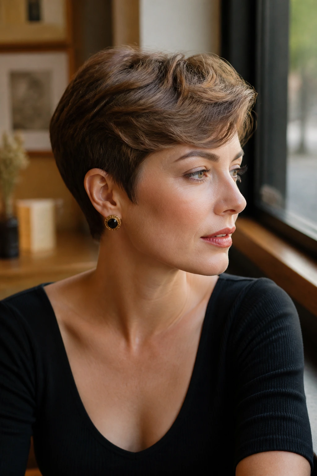 Portrait of a woman with vintage pixie silhouette in cafe light.