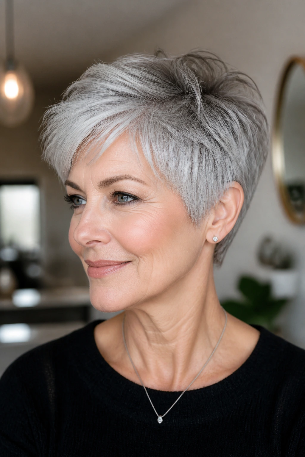 Portrait of a real woman with slate-gray feathered pixie showing lift and texture.