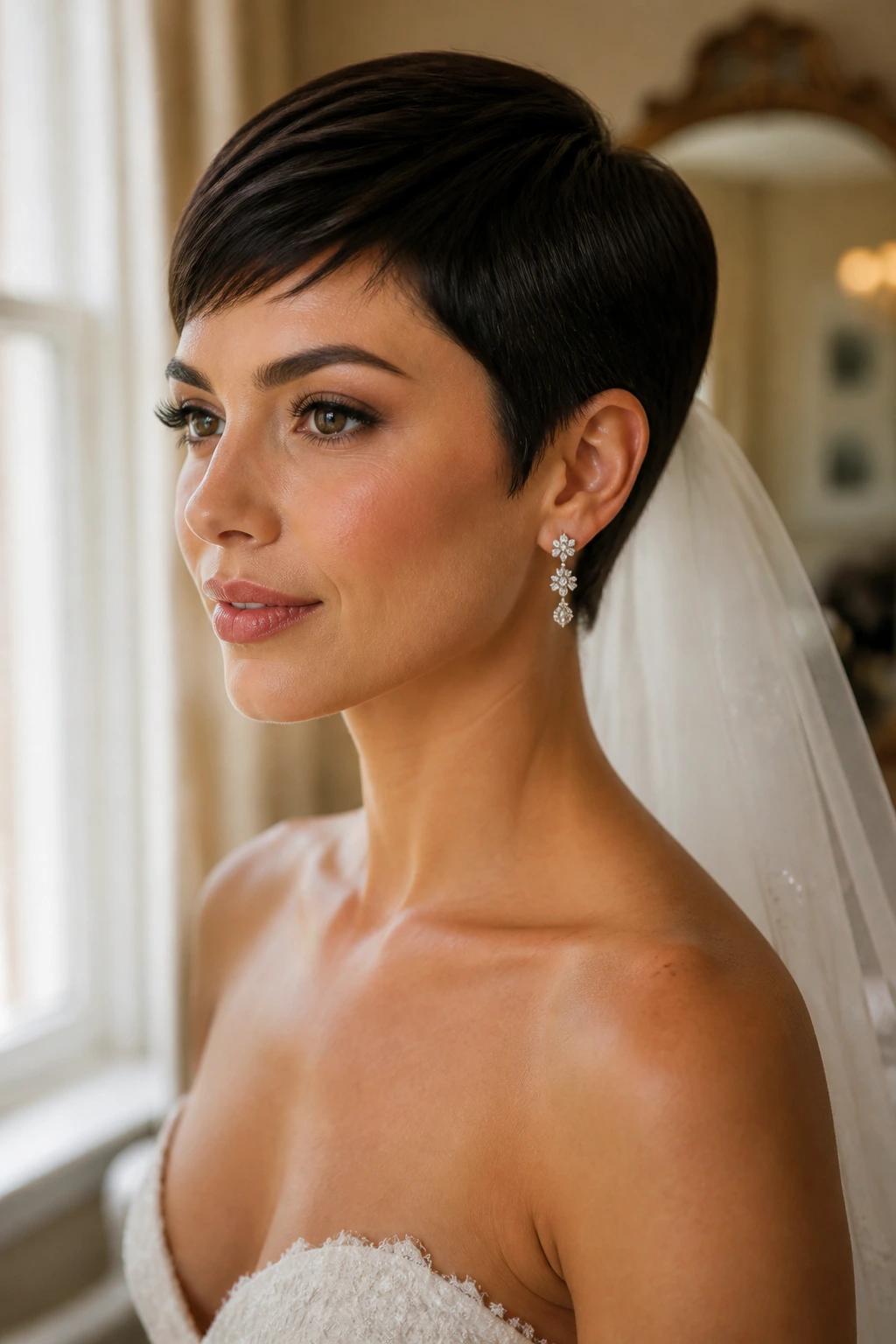 Close-up of a real bride wearing a low-profile sleek pixie with smooth sides.