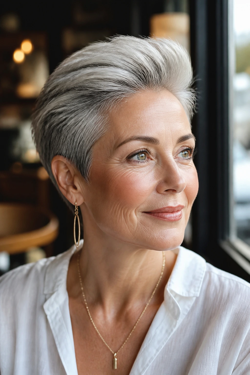 Close-up of sleek brushed-back pixie on a real person