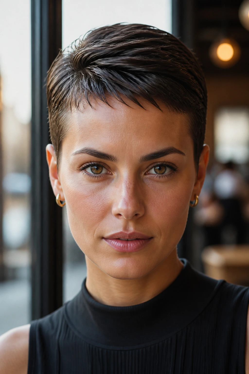 Close-up of a real person with a slicked-back pixie and minimal fringe in a chic cafe.