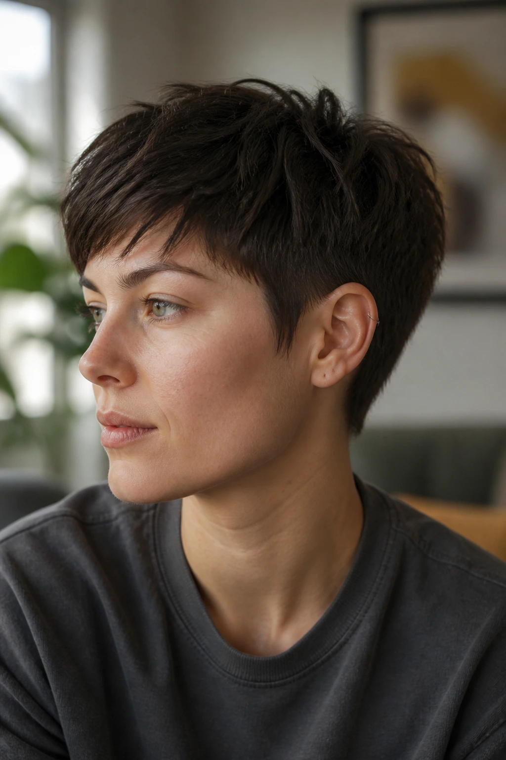 Close-up portrait of a real person with a soft tapered pixie in a cozy indoor setting.