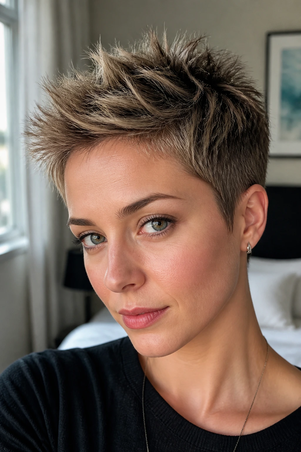 Close-up of a woman with a textured pixie spike hairstyle