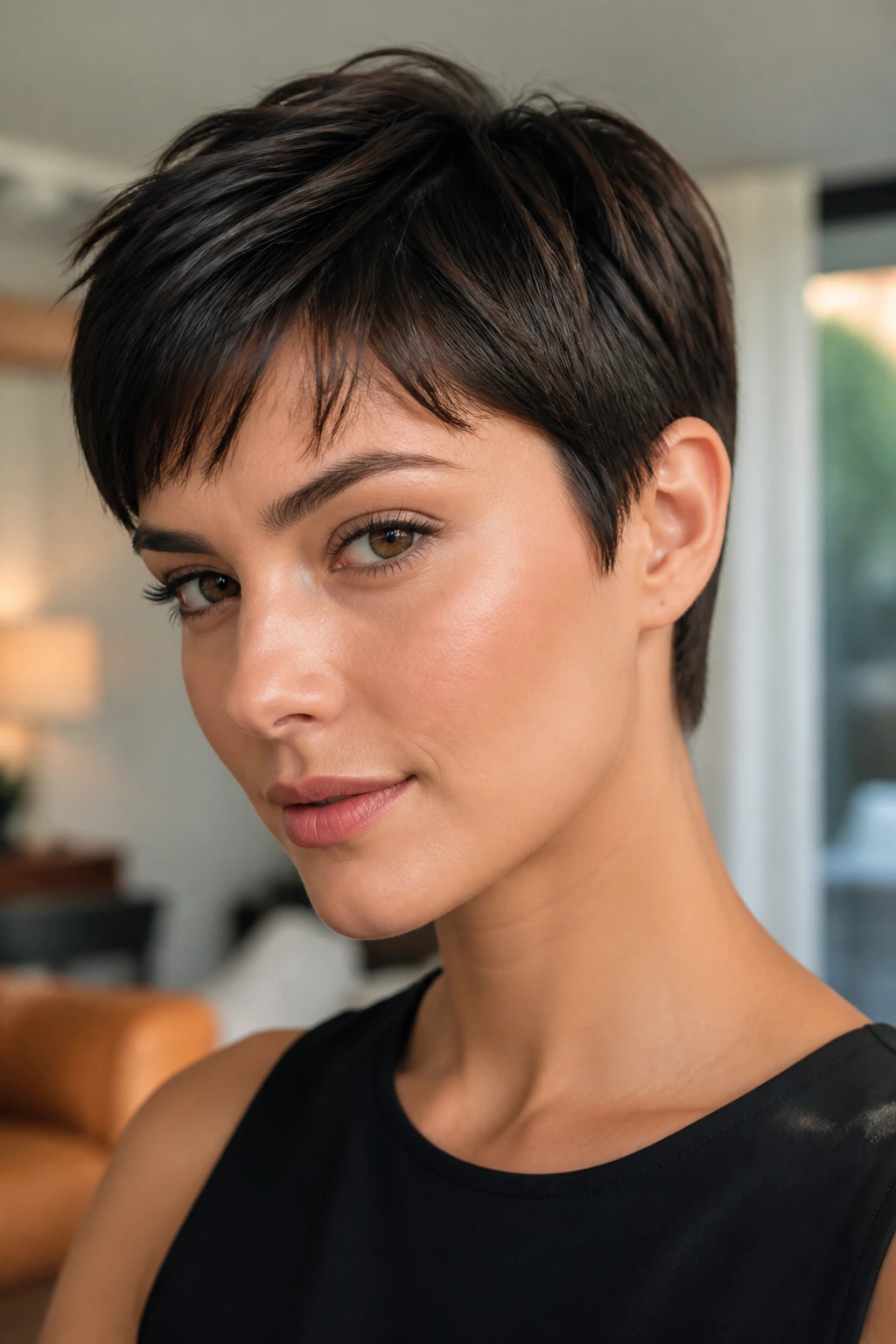 Real woman with a crisp straight pixie on straight hair in a bright room.