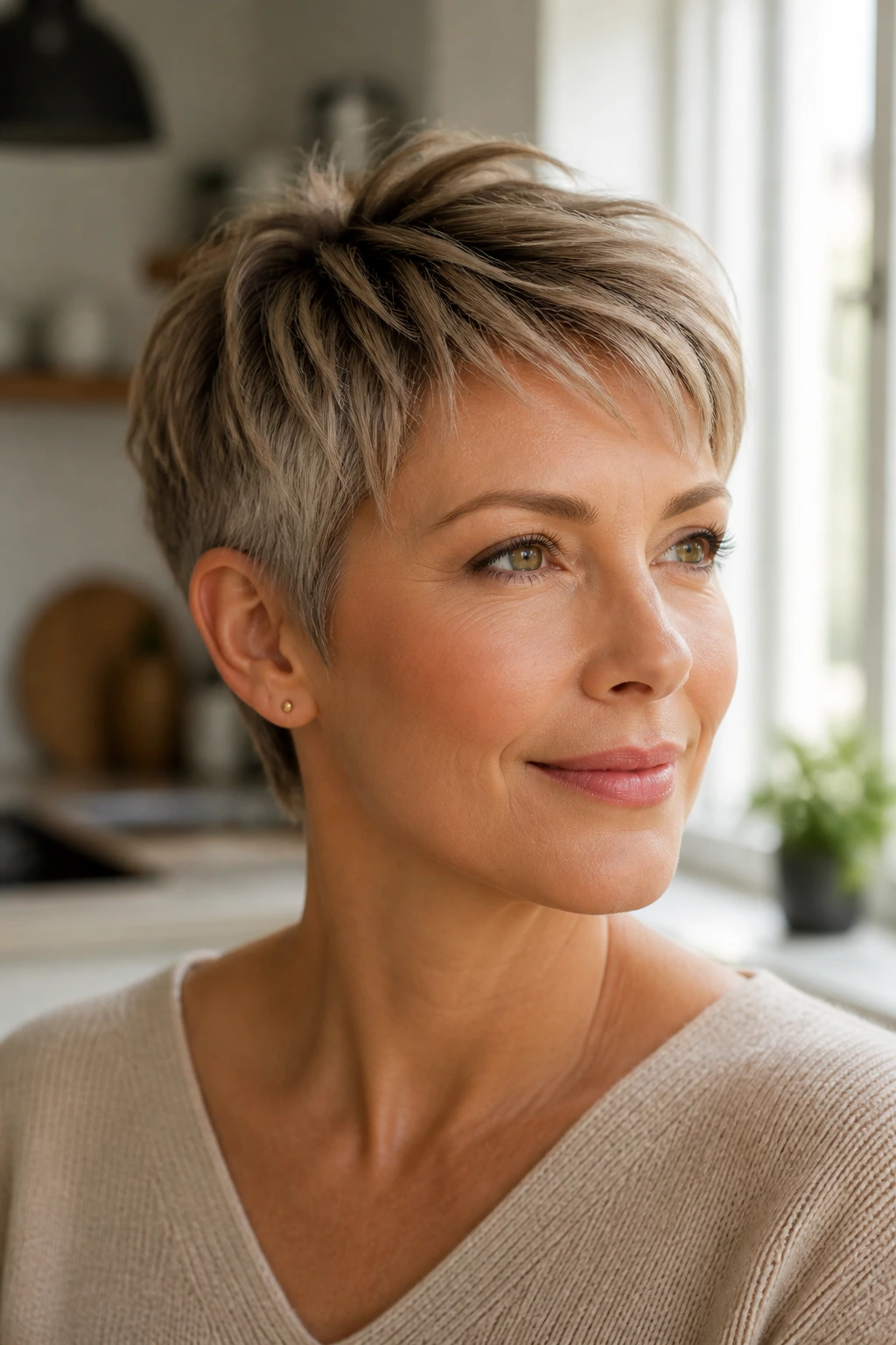 Portrait of a woman with a polished morning pixie hairstyle.