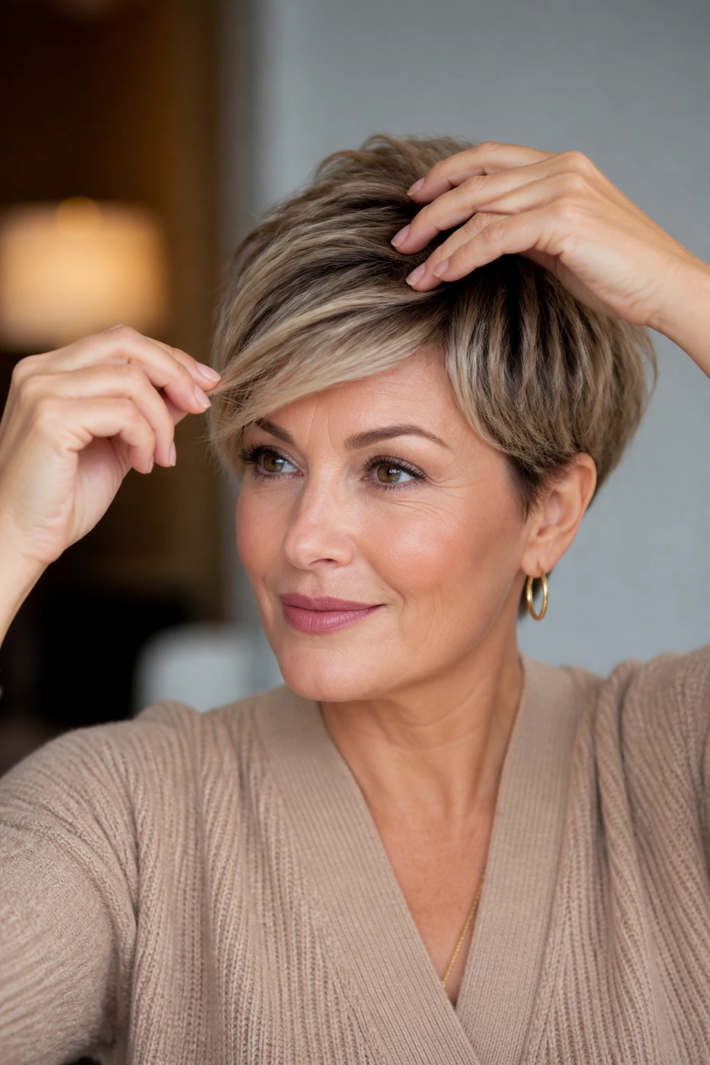 Portrait of a real woman with pixie hair being styled for an effortless look