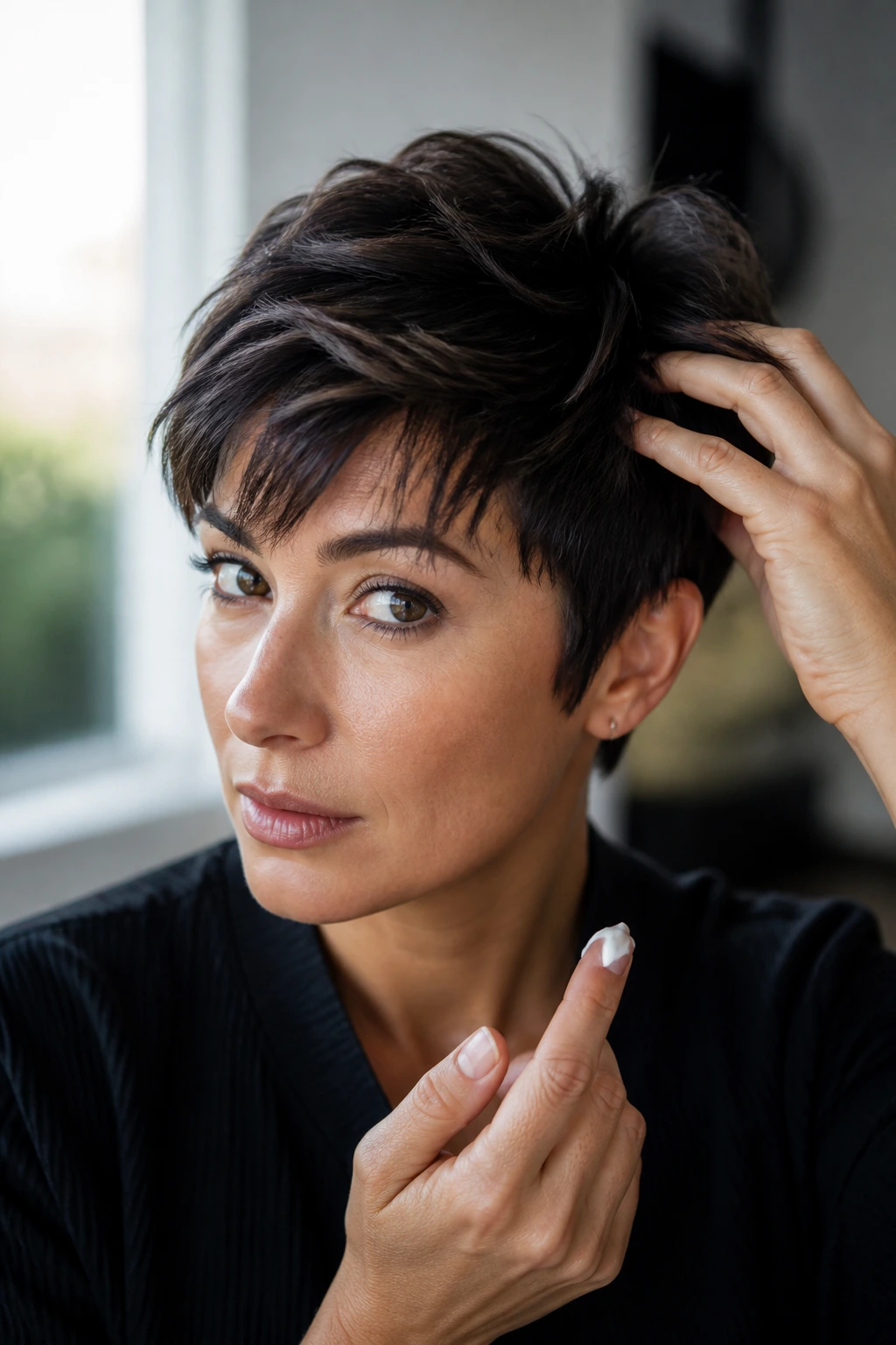 Close-up of a woman styling a pixie cut with hands