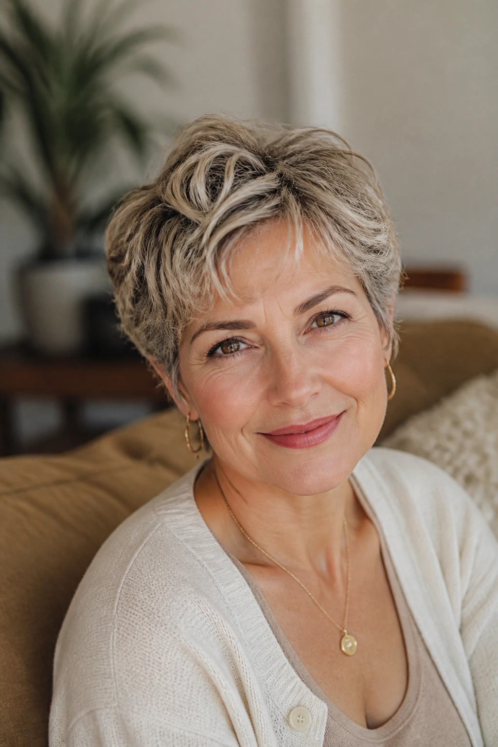 Portrait of a woman with a relaxed wavy pixie in a cozy home setting