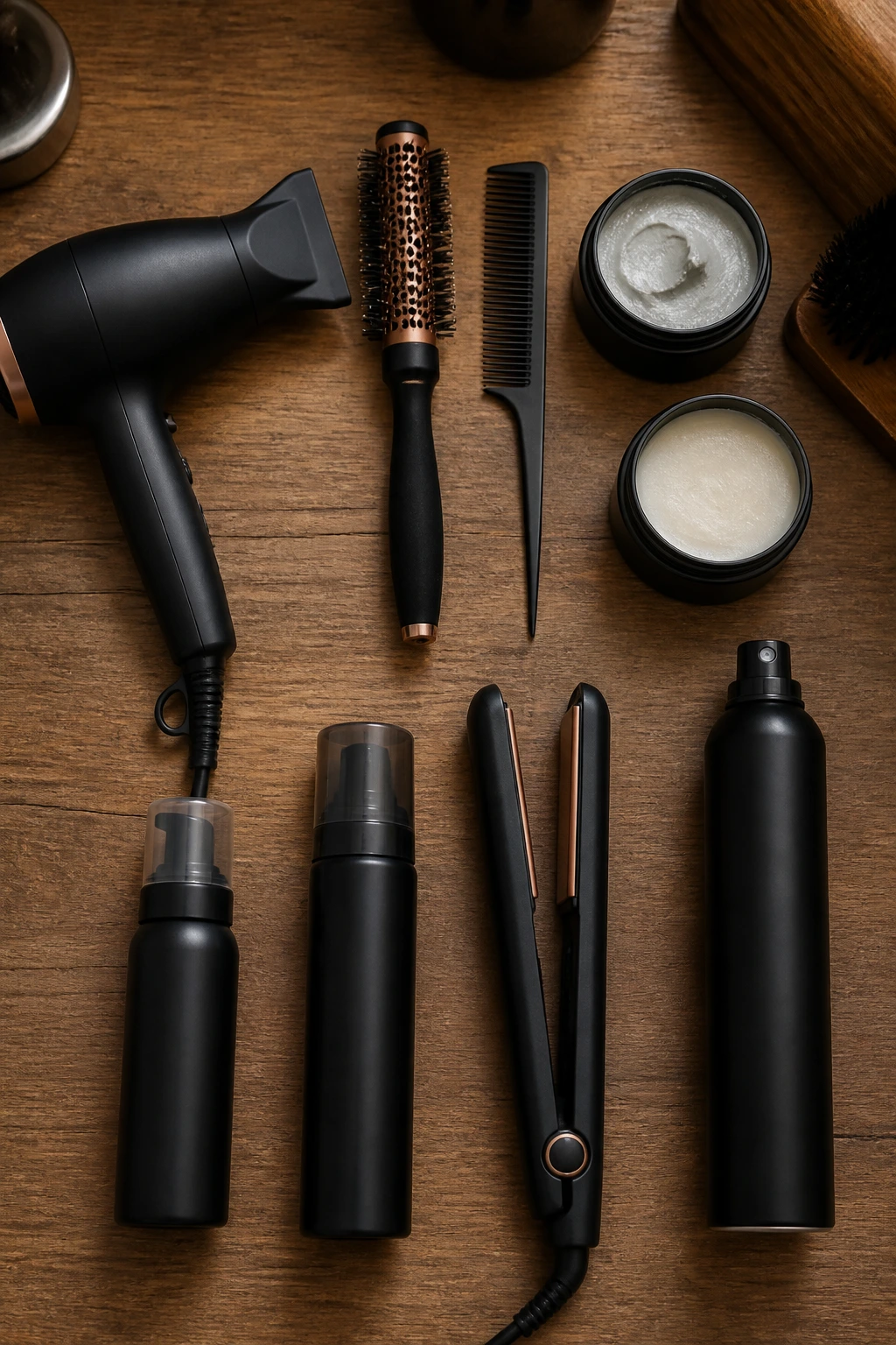 Top-down flat lay of essential pixie styling tools on wooden vanity