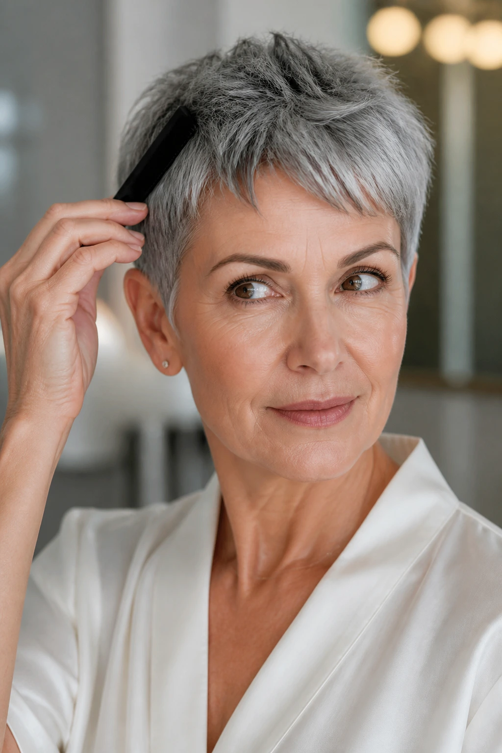 Close-up portrait of woman with pixie cut in bright room