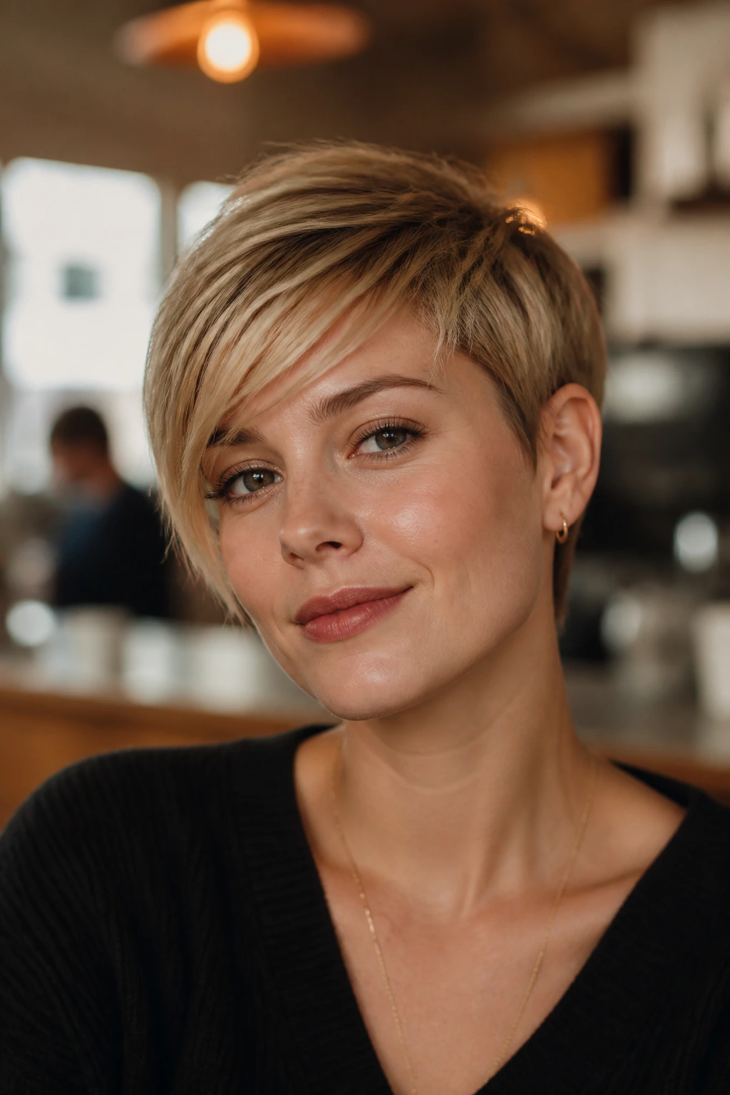 Close-up of pixie-soft swoop bangs on a real person