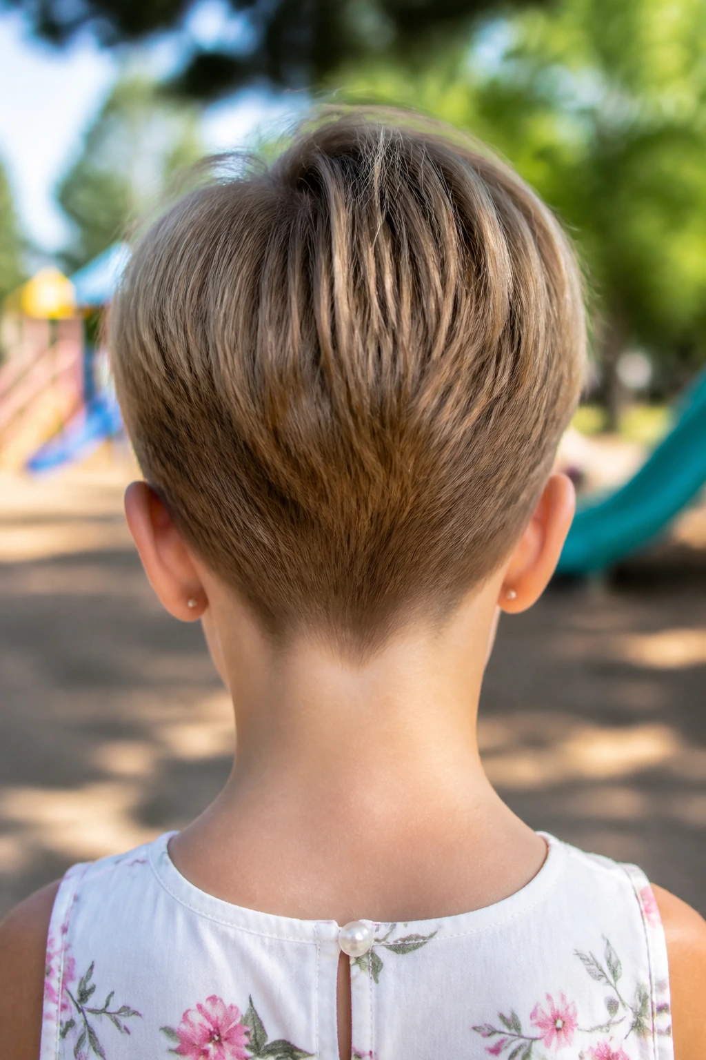 Back-of-head view of a child with a tapered nape pixie hairstyle in a sunny park