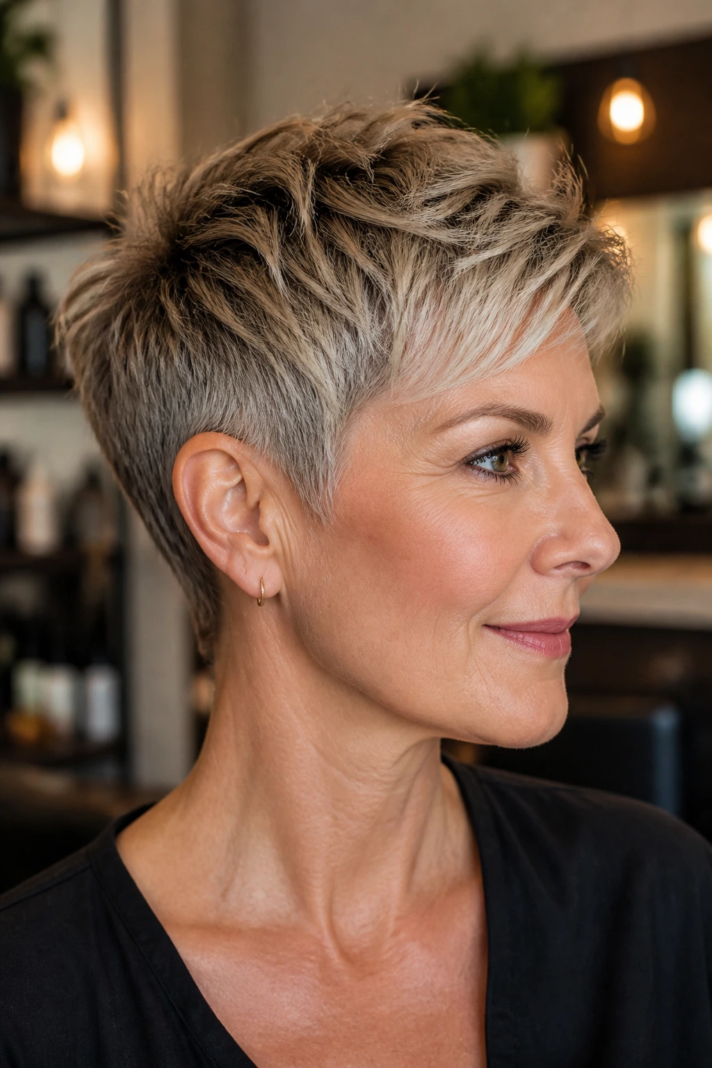 Close-up portrait of a real person with a classic tapered pixie haircut