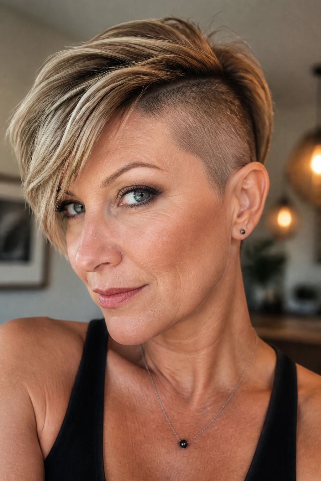 Portrait of a real woman with a side-swept pixie and clean temple shave.