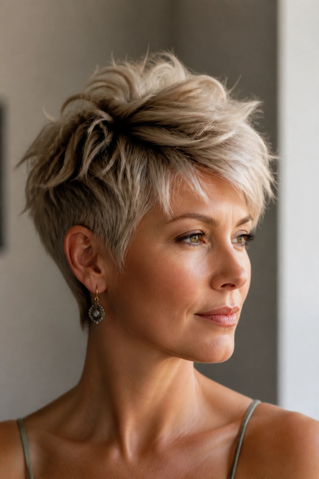 Portrait of a woman with a textured pixie haircut, feathered ends.