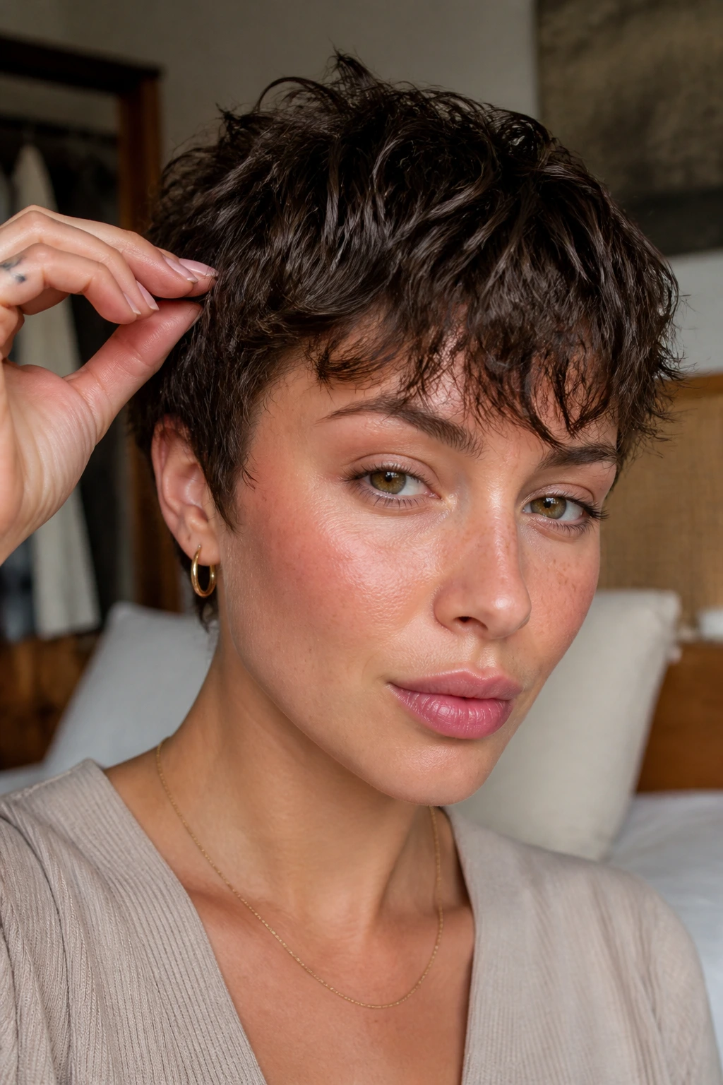 Real person with airy pixie texture waves on top and fringe in natural window light