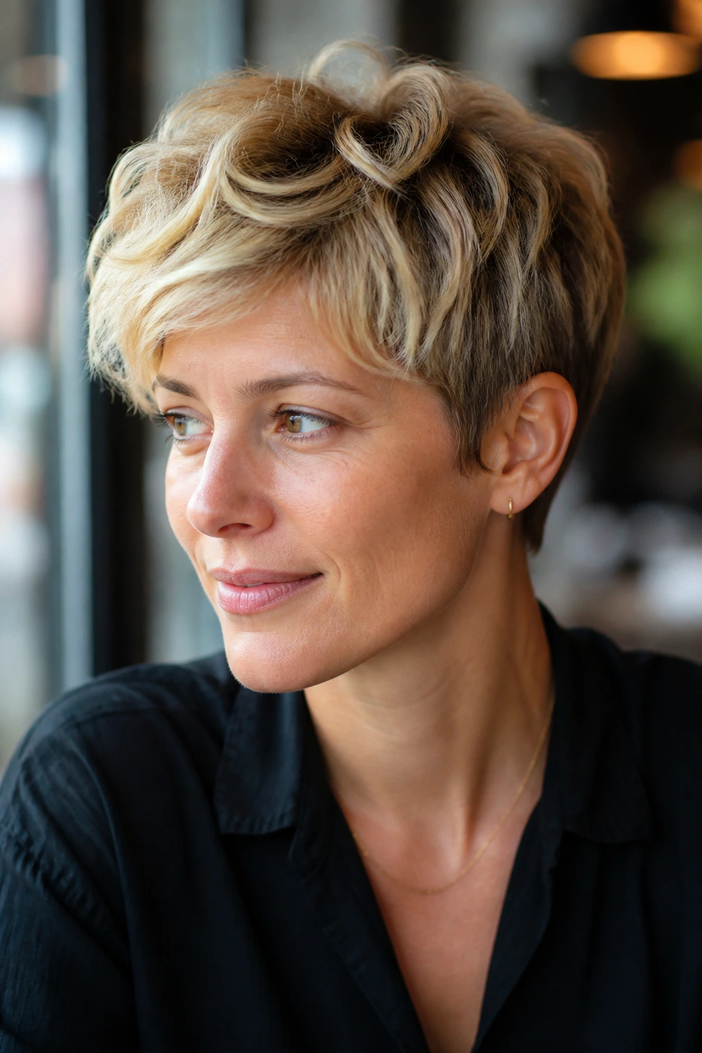 Close-up of a real woman with a textured pixie and wavy fringe