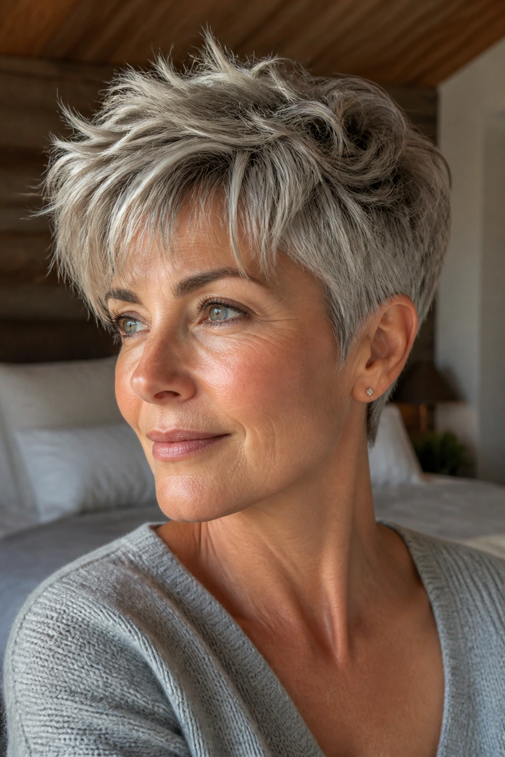 Close-up of real woman with tousled pixie for thick hair under natural window light