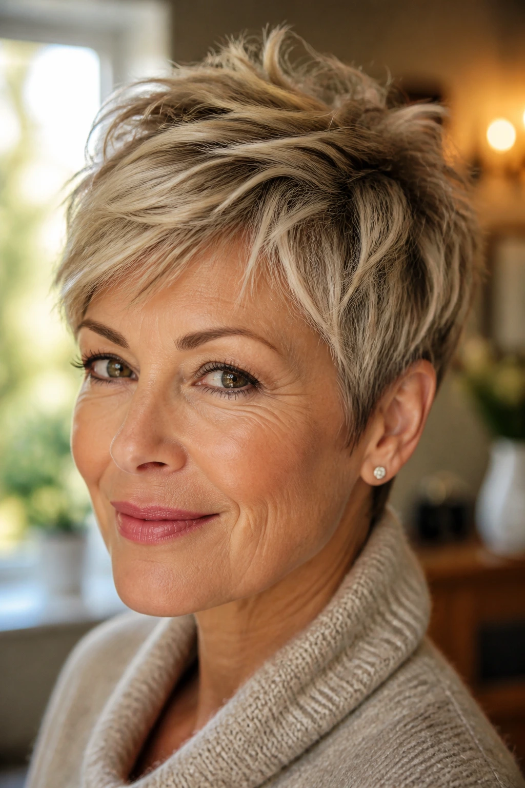 Portrait of real person with voluminous pixie on thin hair