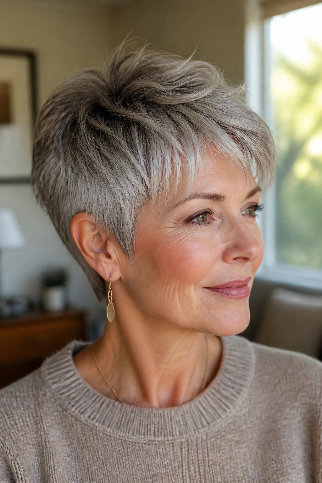 Portrait of a woman with a textured pixie and feathered fringe
