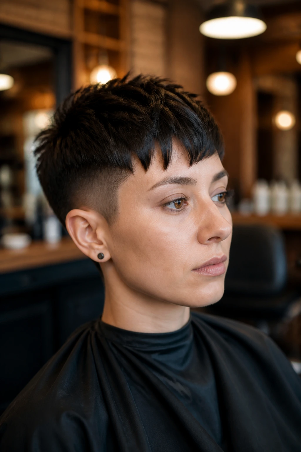 Close-up of a real person with a pixie-to-Chelsea hybrid hairstyle showing mixed fringe and shaved sides.