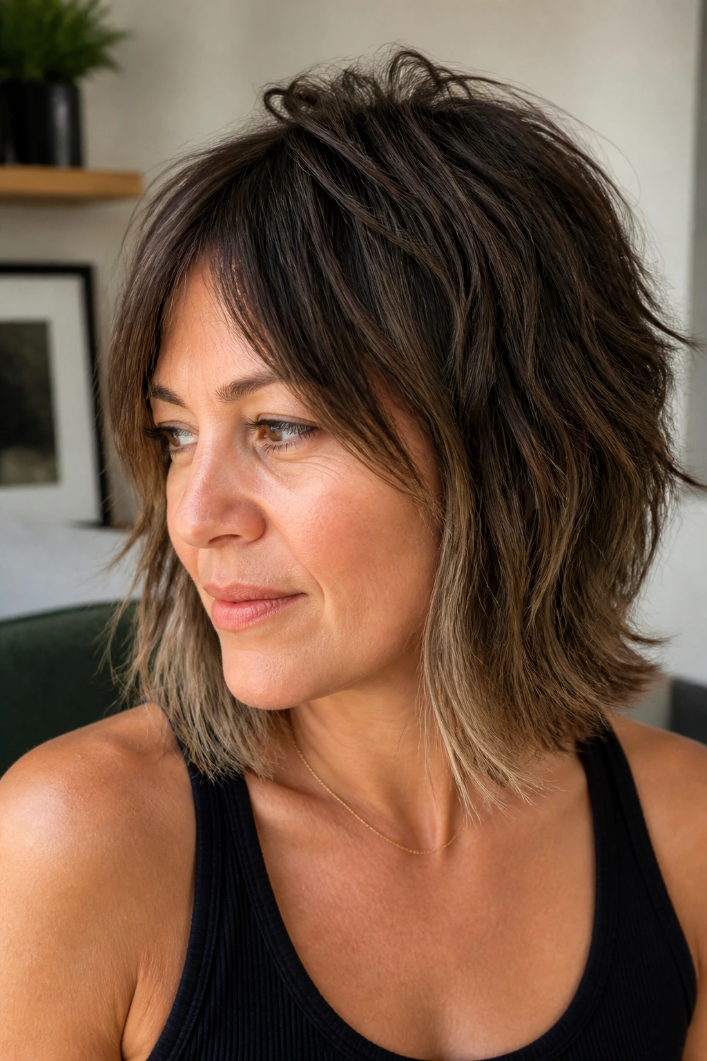 Real woman with Grown-Out Pixie-to-Lob Transition showing back-length growth and front catching up