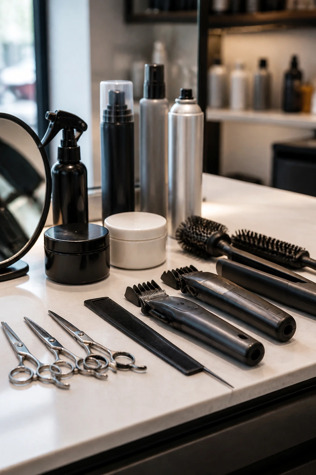 Close-up of professional pixie-cut tools arranged on a salon counter.