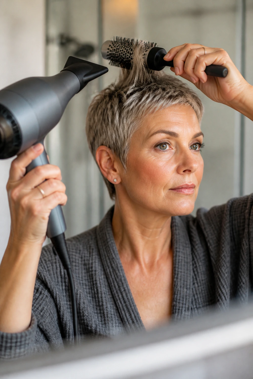 Close-up of woman with pixie cut using styling tools at home.