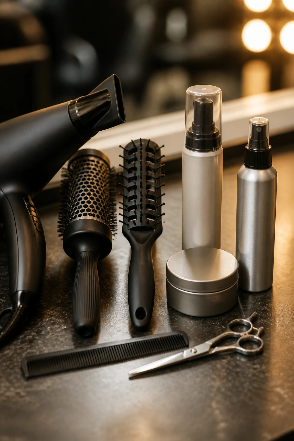 Close-up of essential pixie tools on a salon station