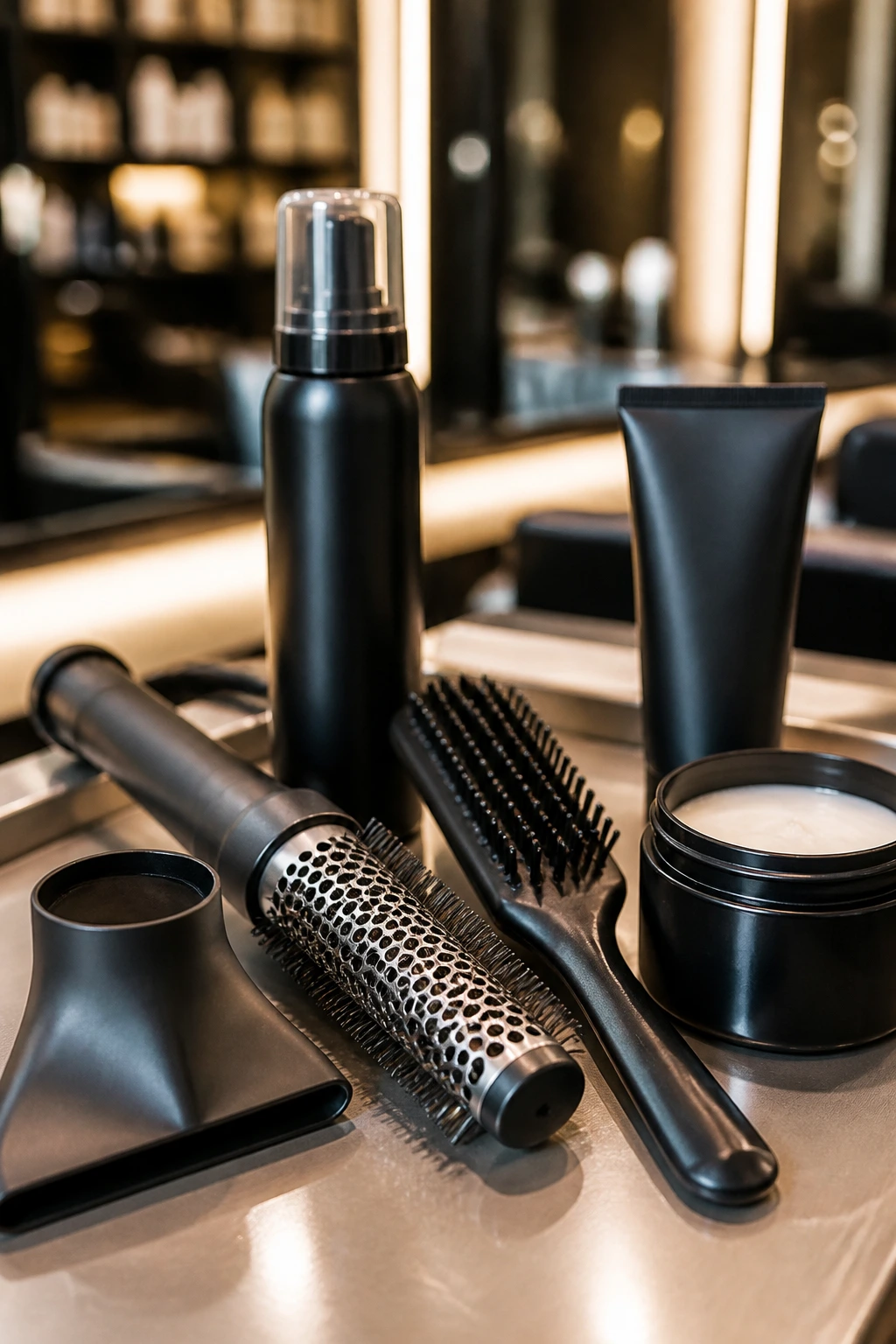 Close-up of unlabeled hair tools on a salon counter ready for pixie styling