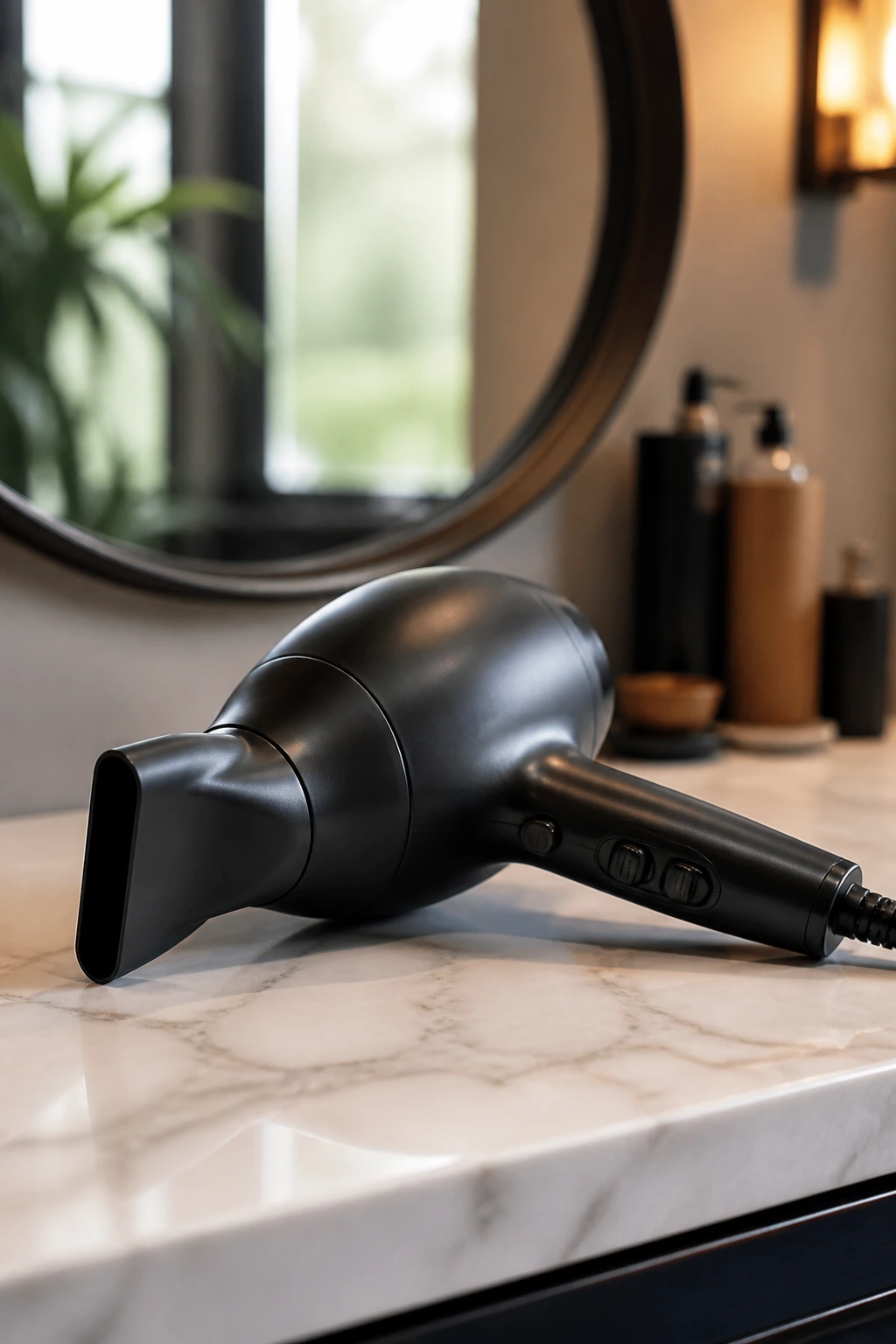Close-up of a blow dryer with concentrator nozzle on a bathroom counter, styling tool for pixie cuts