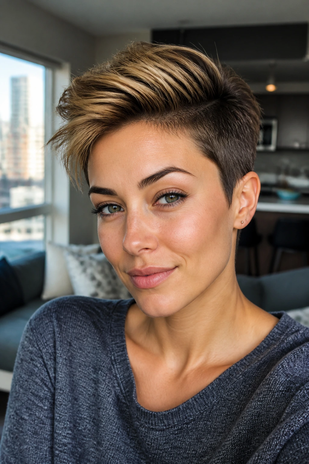 Medium close-up of real person with long-top short-sides pixie showing lifted top
