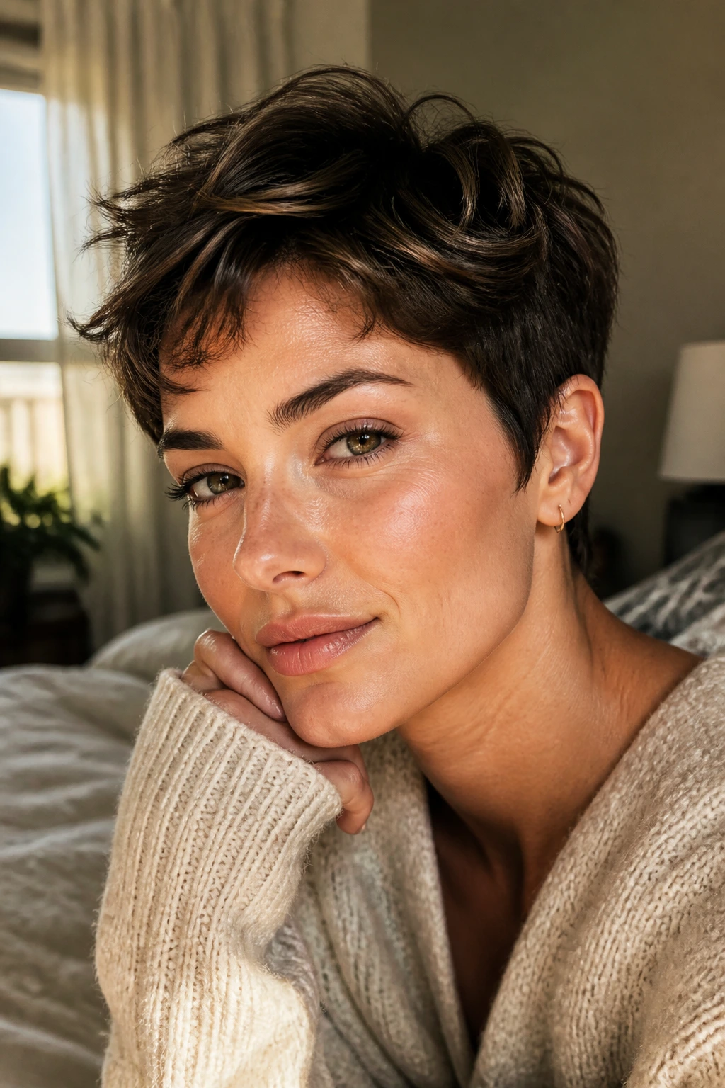 Close-up of a real woman with Pixie Tousle Waves showing a subtle top wave