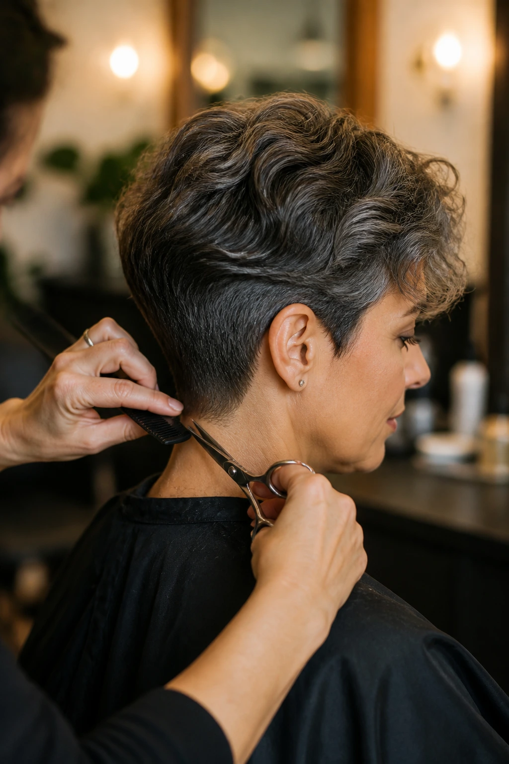 Person in salon chair getting pixie trim
