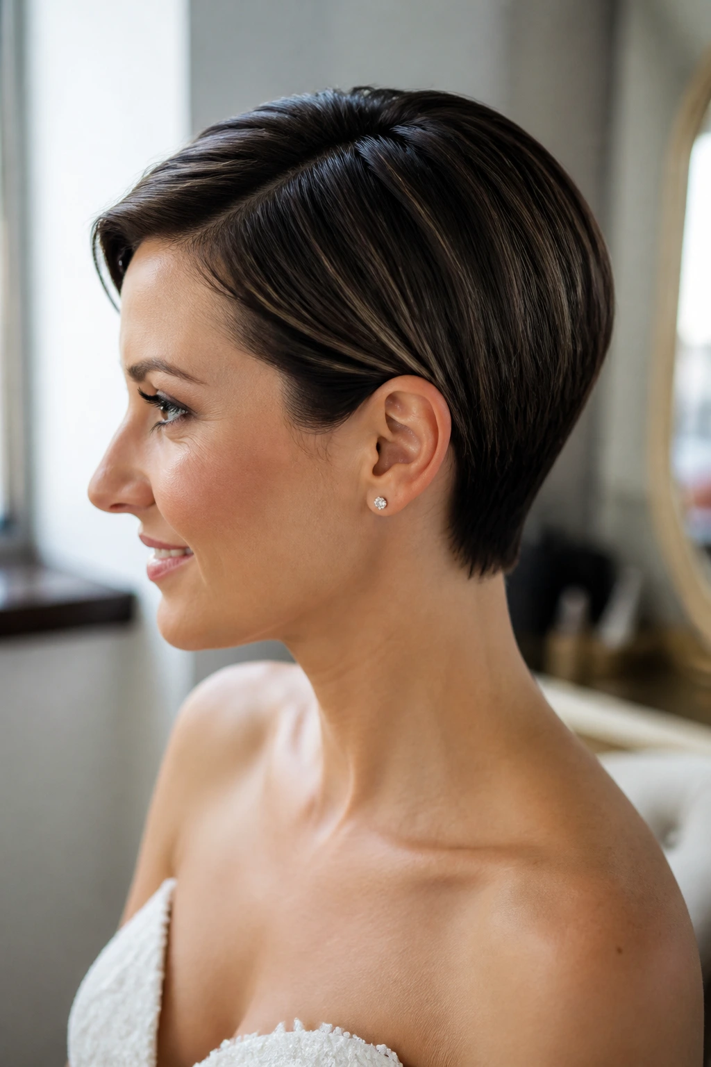 Close-up bride with tucked pixie behind the ear and visible ear stud