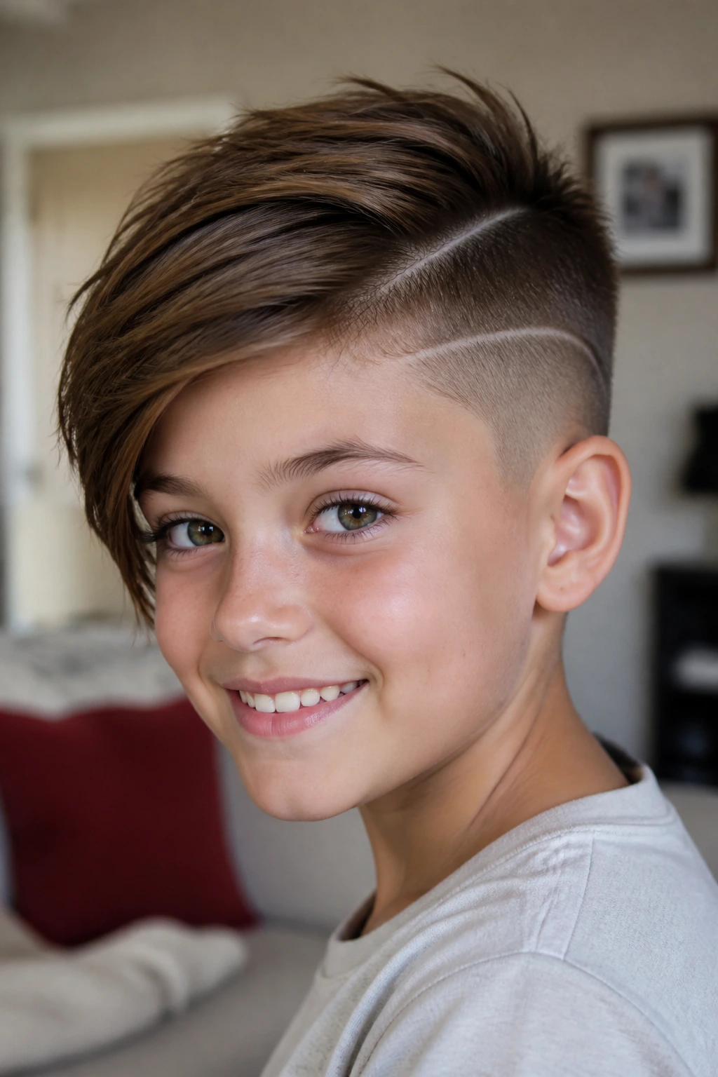 Child with pixie cut and undercut showing shaved sides and longer top.