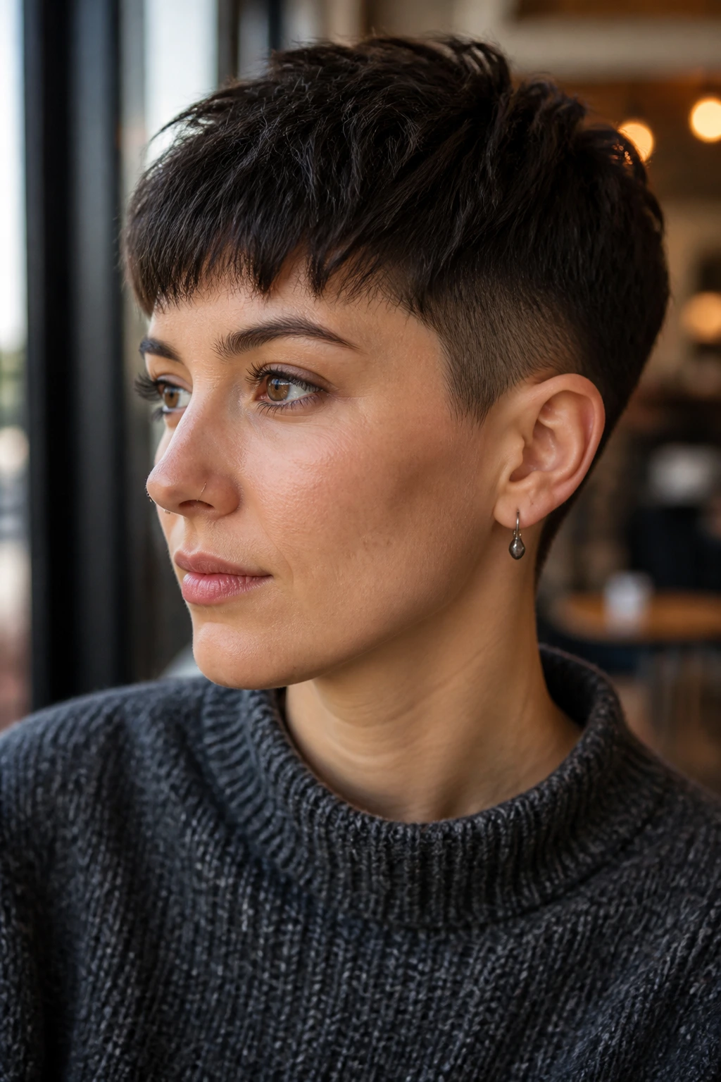 Portrait of a real person with a pixie undercut and choppy fringe