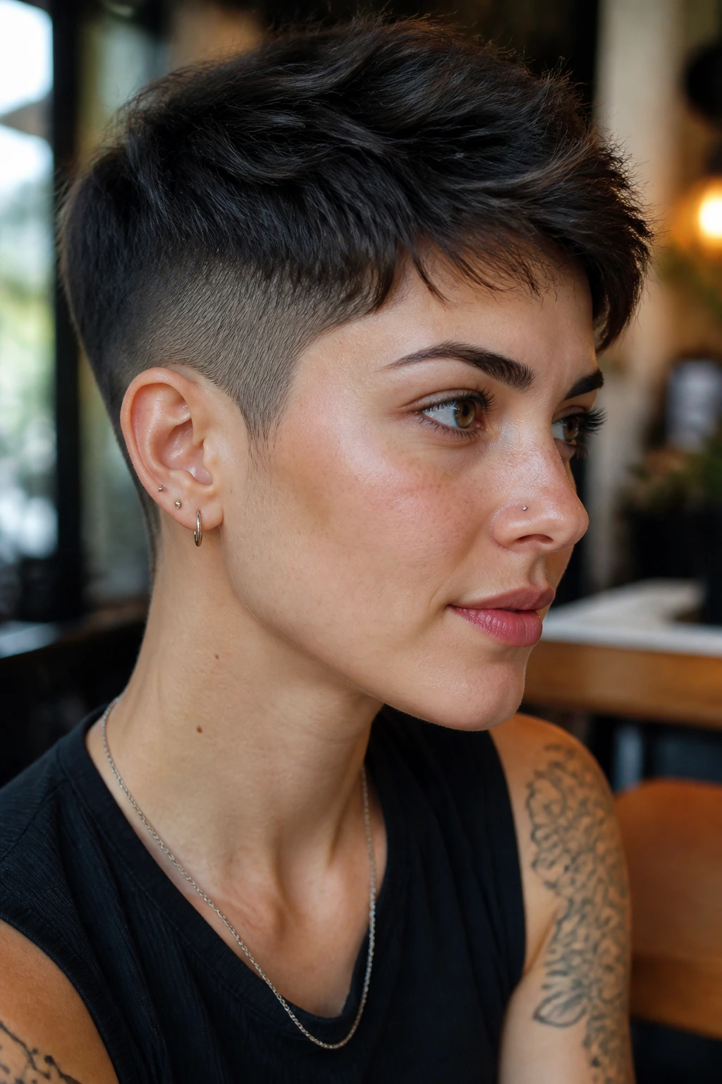 Portrait of a woman with a pixie undercut, shaved nape and sides.