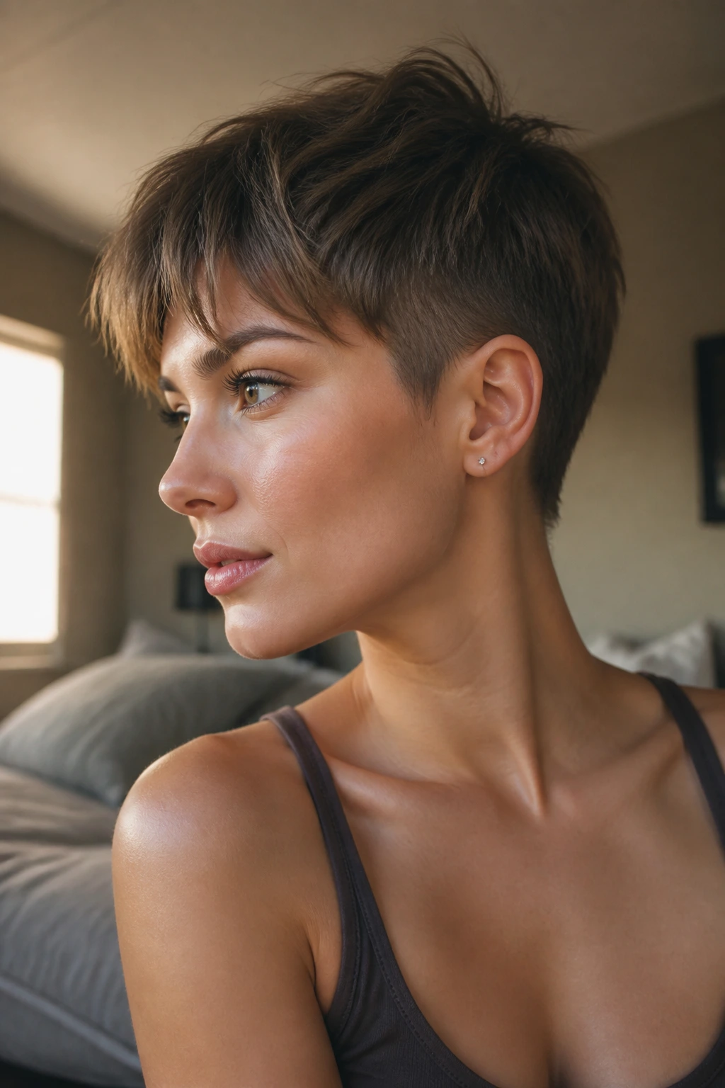 Close-up portrait of a real person with a soft pixie and hidden ear shave in warm light.