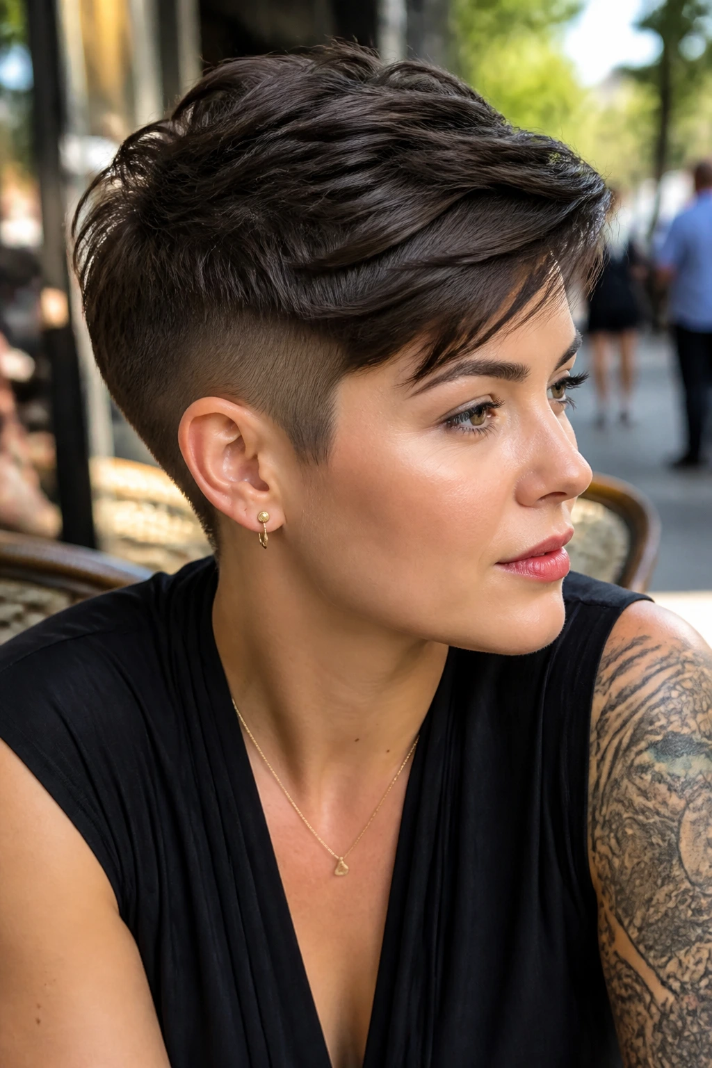 Close-up of a real person with an undercut pixie and crisp top layer in a sidewalk cafe.