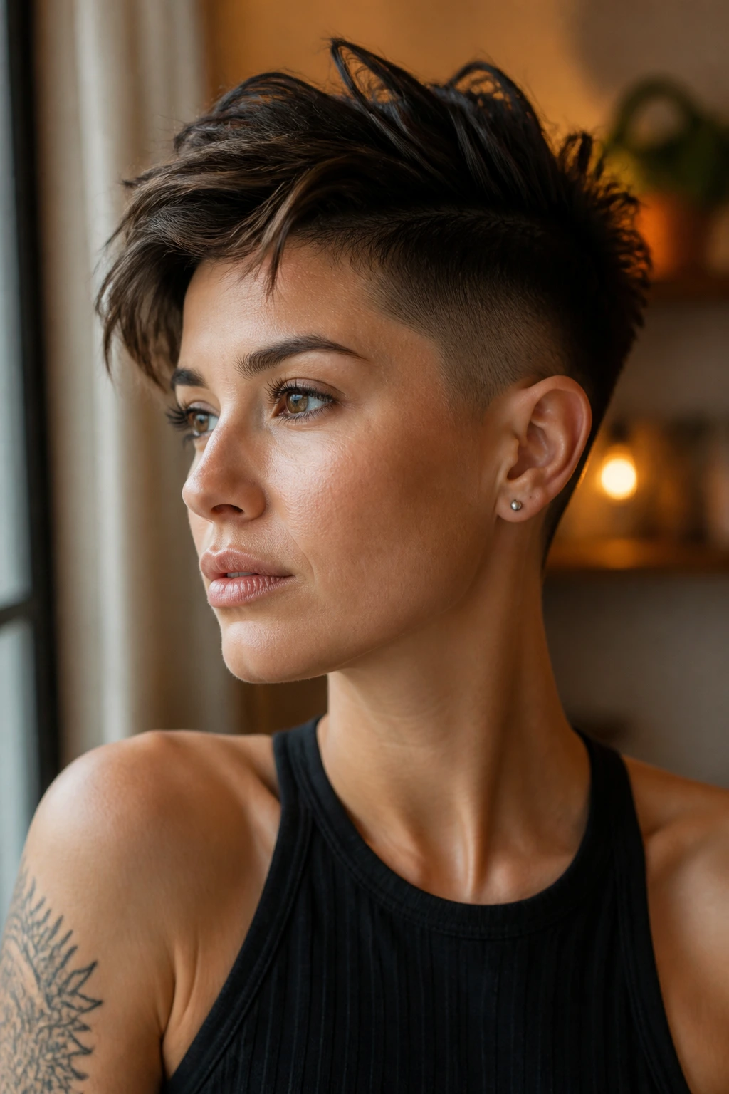 Woman with bold undercut pixie hairstyle.