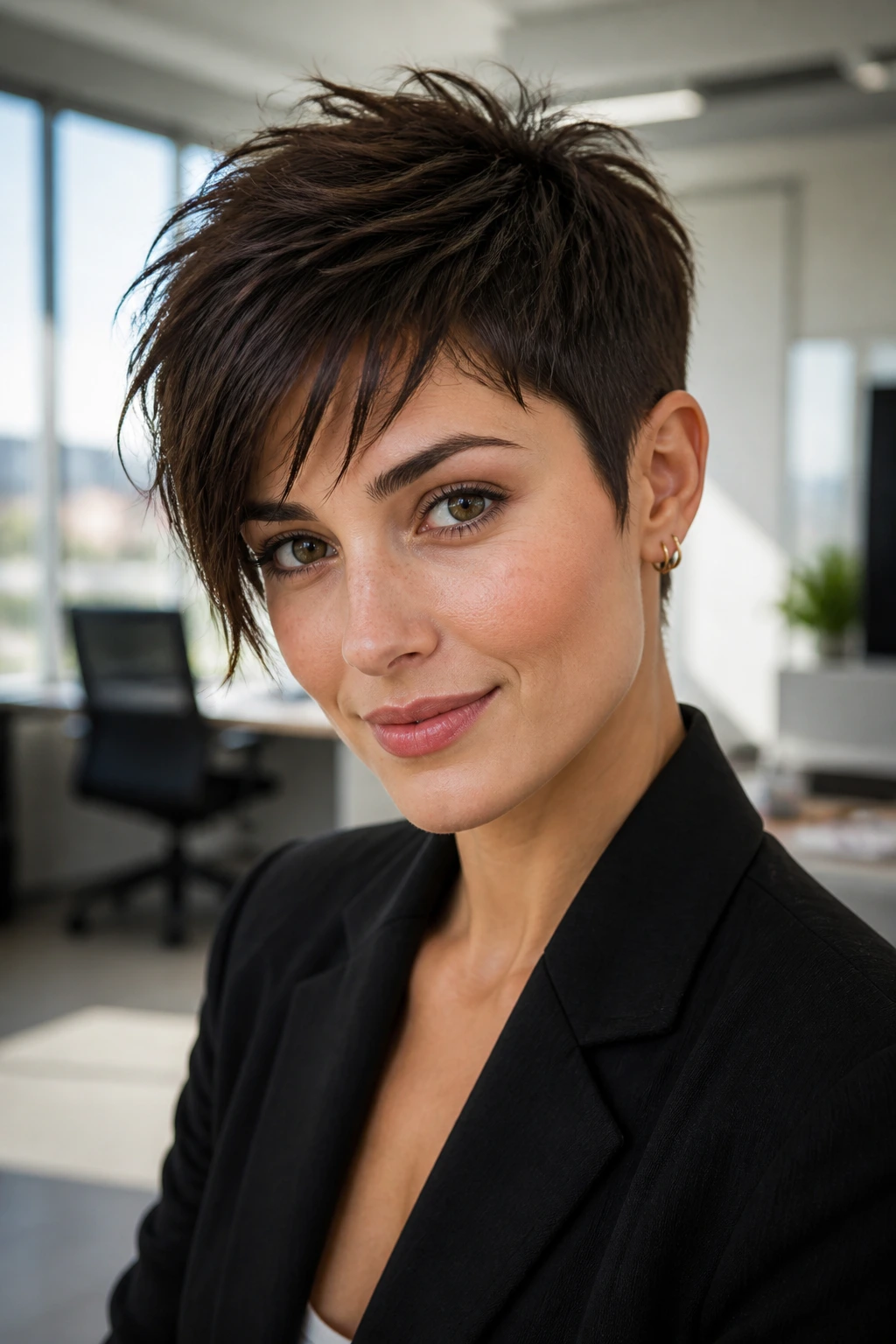 Real person with asymmetrical fringe choppy pixie in office light