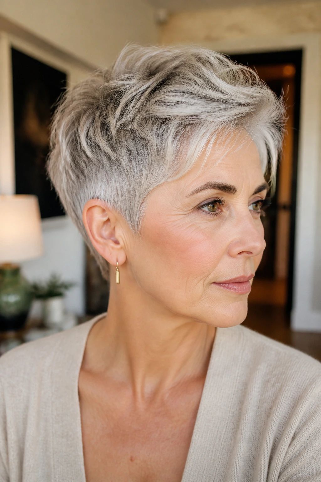Portrait of a real woman with a pixie variation featuring longer top and tapered sides.