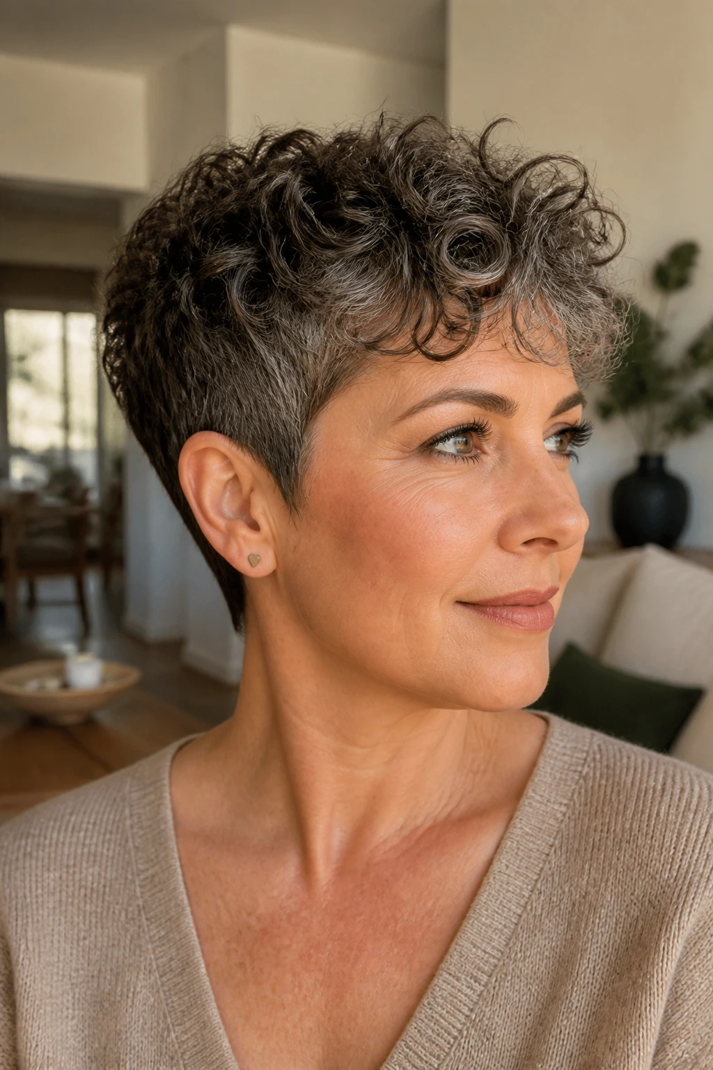 Portrait of a woman with a curl-friendly pixie showing texture in a bright home setting