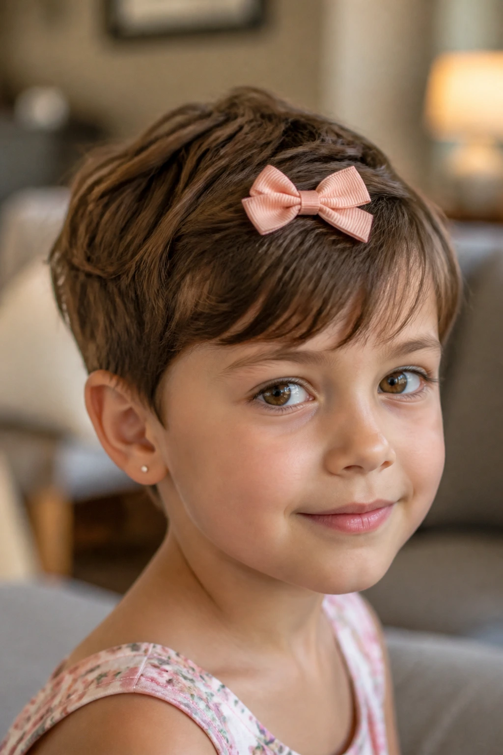 Girl with pixie cut and ribbon-ready fringe with a small bow accent.