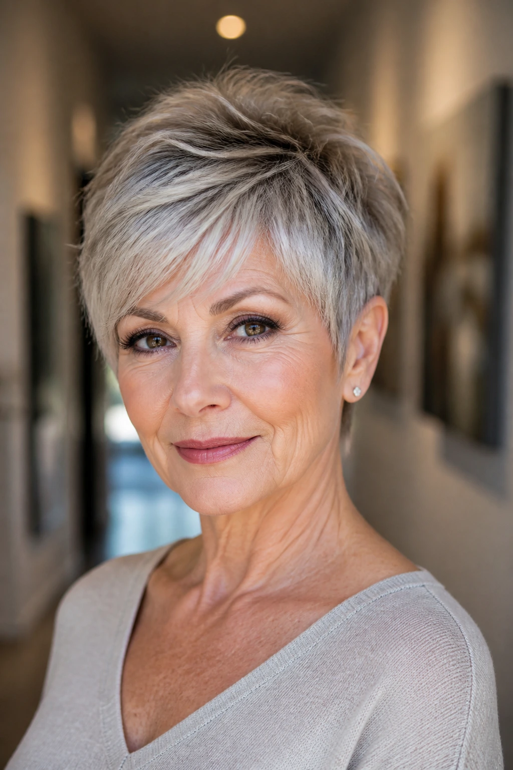 Close-up of a woman with a feathered pixie variation and side fringe