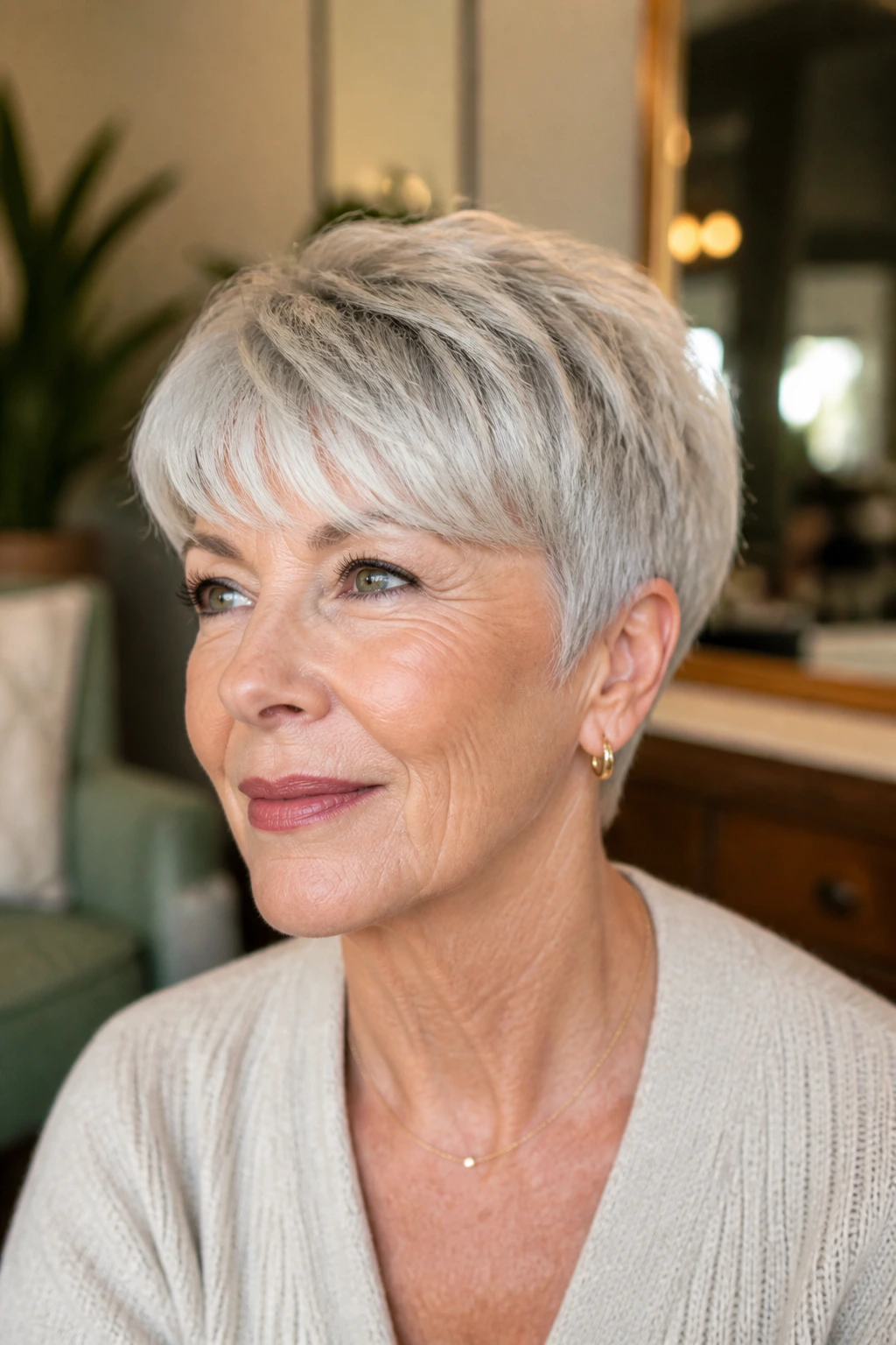 Portrait of a woman with rounded vintage-inspired pixie and silver sweep