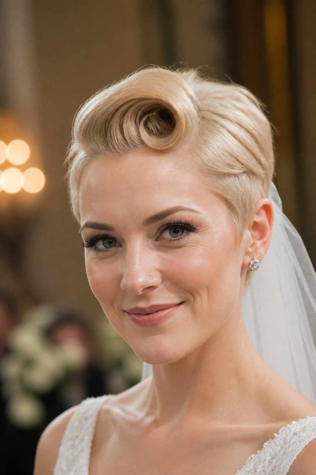 Bride with victory-roll inspired pixie and retro bend