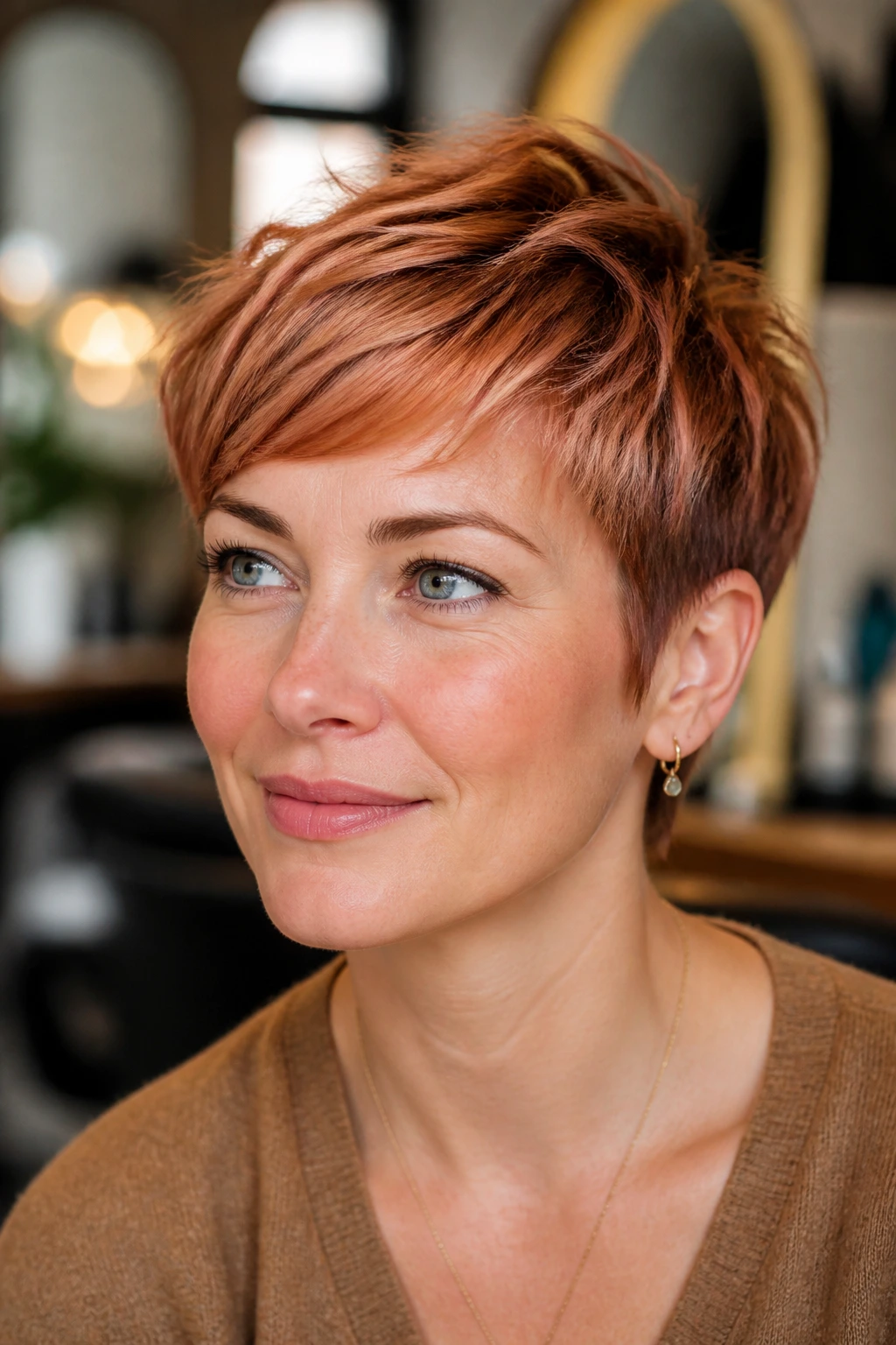 Close-up of a real woman with a pixie cut and warm strawberry gloss