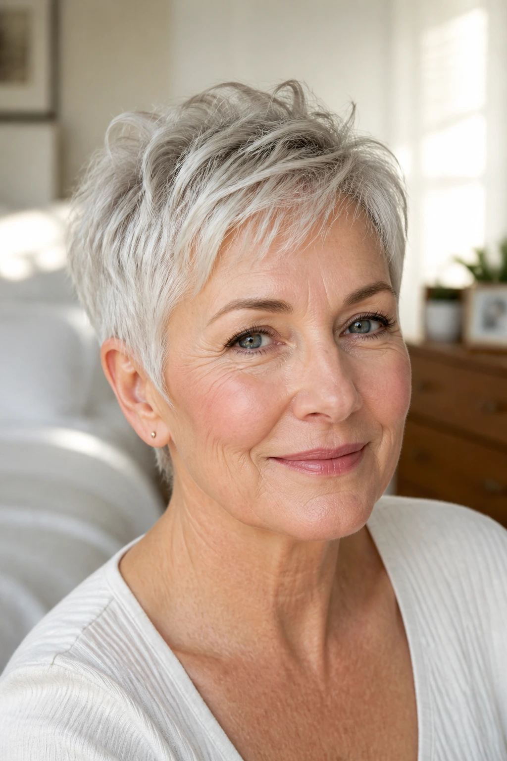 Close-up portrait of a real woman with wash-and-go pixie hairstyle in bright bedroom